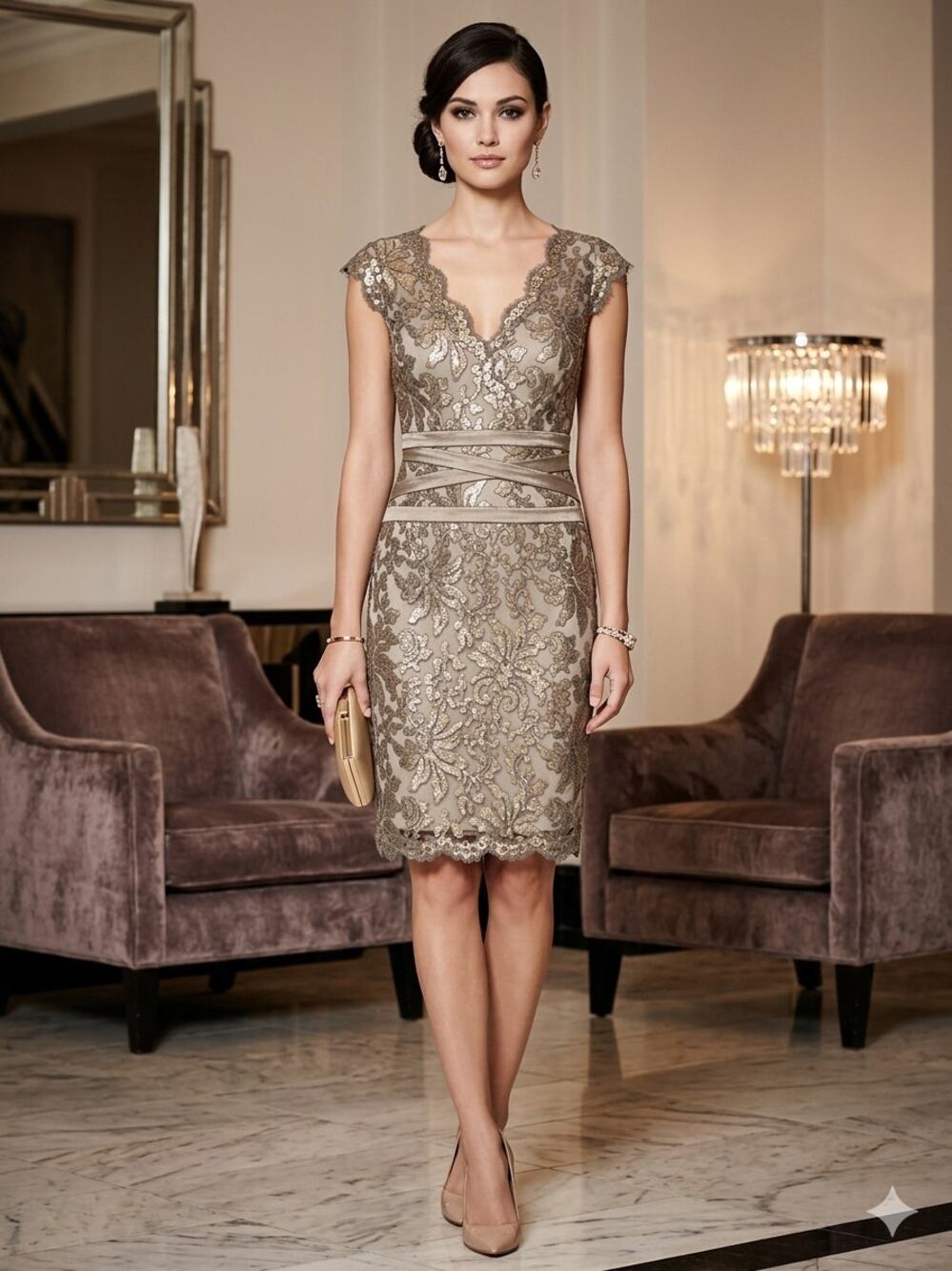 Tadashi Shoji 10 Steel Silver Sequin Lace Sheath Cocktail Dress V-Neck